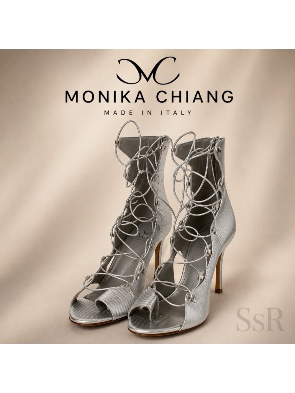 Monika Chiang Vesta Silver Metallic Lace-Up High Heel Sandals IT 39 Made  Italy
